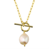 Pearl Oval Trace T-Bar Necklace in Gold